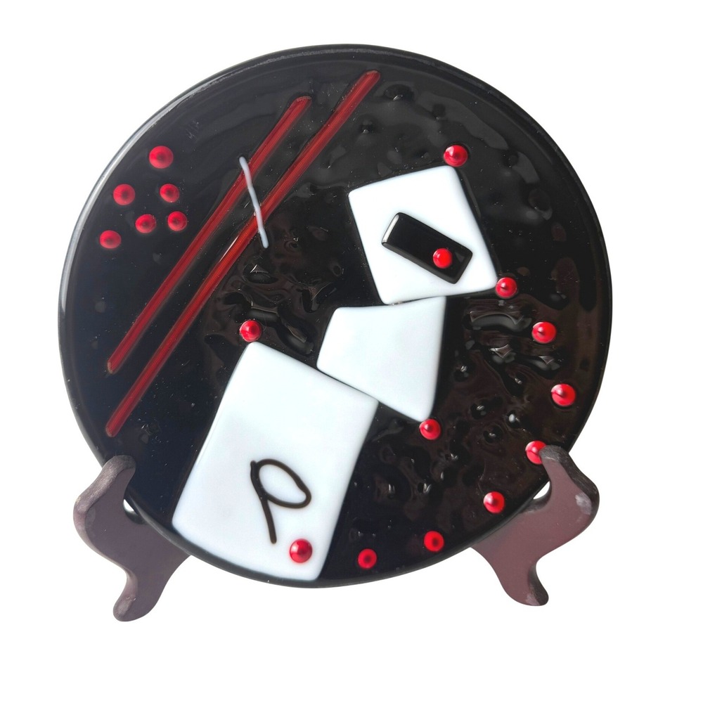 Handcrafted Fused Glass Sushi Plate Abstract Black Red White Art Decor Signed P‎